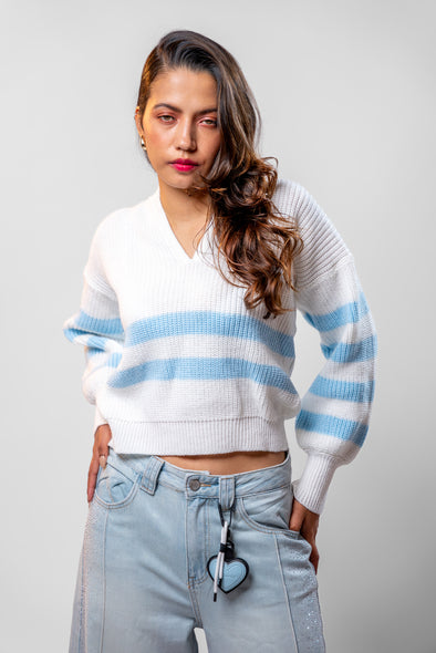 Saco Cuello V Blanco/Azul Veintidós | Frescura y Estilo